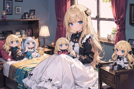 (masterpiece), 1girl, long hair, blond hair, bedroom, dress, dolls, too many doll, a lot of doll, cute, happy, smile