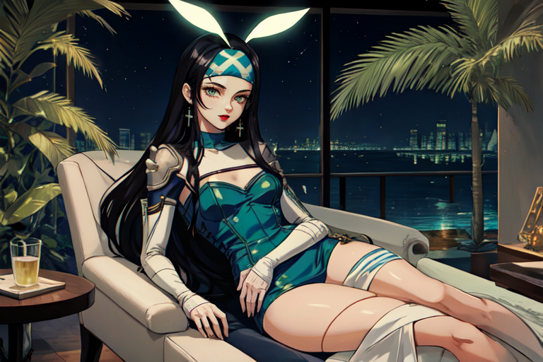 highly insanely detailed, masterpiece, top quality, best quality, highres, 4k, 8k, RAW photo, (very aesthetic, beautiful and aesthetic),  
beth_\(megami_tensei\),bethsmtii,shin megami tensei ii,long hair,black hair,straight hair,sleek black,jewelry,cross,headband,red_lipstick,katana,sword,Tokyo_Millennium,post-apocalyptic_city,dystopian_world,Great_Cataclysm,World_ending_event,apocalyptic_disaster,city_rebirt, 
<lora:zs_Beth:0.7>, 
(1girl:1.3), 1other, 
Solarium,Serene room with glass walls offering panoramic views of the Nile,potted palms adding a touch of greenery,mosaic tiles depicting aquatic scenes underfoot,chaise lounges draped in silk throws,and golden sconces illuminating the space,neon black background,neon yellow background,(multicolored background,color splash background:1.4),âââ
