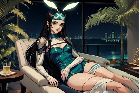 highly insanely detailed, masterpiece, top quality, best quality, highres, 4k, 8k, RAW photo, (very aesthetic, beautiful and aesthetic),
beth_\(megami_tensei\),bethsmtii,shin megami tensei ii,long hair,black hair,straight hair,sleek black,jewelry,cross,headband,red_lipstick,katana,sword,Tokyo_Millennium,post-apocalyptic_city,dystopian_world,Great_Cataclysm,World_ending_event,apocalyptic_disaster,city_rebirt,
<lora:zs_Beth:0.7>,
(1girl:1.3), 1other,
Solarium,Serene room with glass walls offering panoramic views of the Nile,potted palms adding a touch of greenery,mosaic tiles depicting aquatic scenes underfoot,chaise lounges draped in silk throws,and golden sconces illuminating the space,neon black background,neon yellow background,(multicolored background,color splash background:1.4),âââ