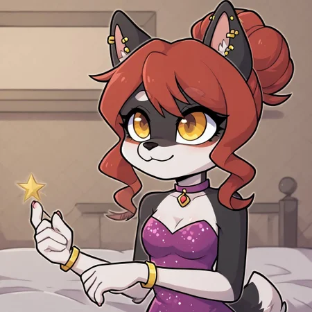 masterpiece, high quality, perfect, 2d art, 1girl, anthro dog, furry, female, adult, black fur, red hair, 4 fingers in hand, white fur hands, dog ears, tail, purple dress, glitter in dress, bracelet, yellow eyes, indoors, alone, detailed fur, small breasts, happy, smiles lying in bed