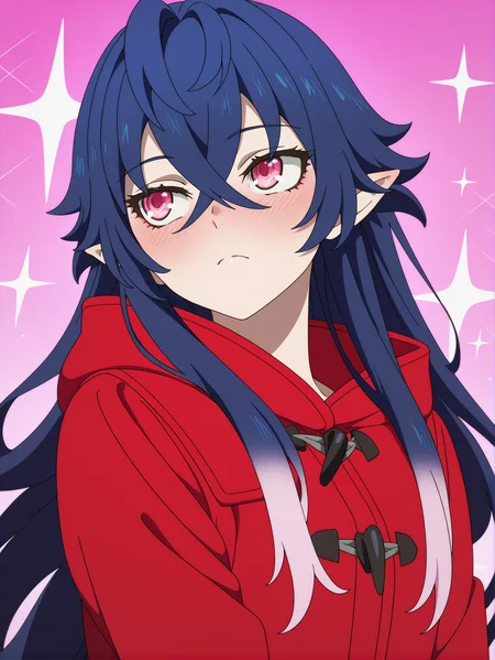masterpiece, best quality, amazing quality, very aesthetic, absurdres, newest, defined facial features, anime coloring, anime screencap, sparkle, pink lovely background,
<lora:Irina-Lev-Anya_IL1.1v0a:1> luminesk irina, red coat, blush