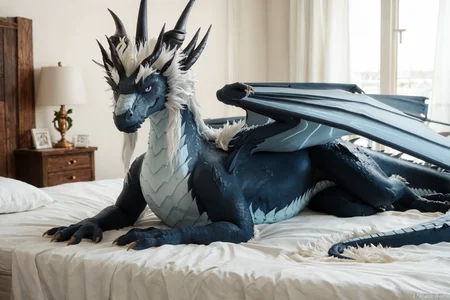 score_9, score_8_up, score_7_up, score_6_up, masterpiece, high quality, realistic, detailed, best quality, 1girl, solo, rating_safe, source_furry, bedroom, smiling, seductive, looking at viewer, lying on bed, negative_hand, lying on bed, <lora:Zubeia_TDP_pony_V1:0.8> zubeia, dragon, feral, horns, blue wings, tail, scales, scalie, white hair,