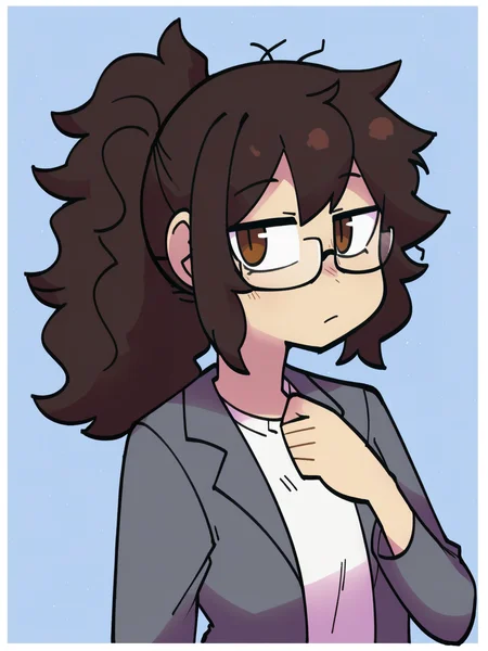 score_9, score_8_up,
1girl, brown eyes, messy hair, white shirt, gray jacket, sitting pose, neutral expression, ponytail, black pants, casual outfit, indoors, simple background, hand on chin, glasses, upper body, 
 <lora:Gats_Style_Pony_RE-WORKED:1> <lora:Fixhands_anime_bdsqlsz_V1:1>