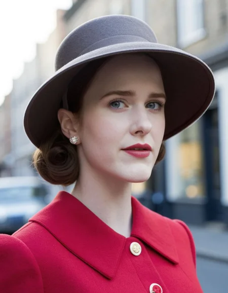 score_9, score_8_up, score_7_up, rachel brosnahan, vintage hair, 1950s, housewife dress, hat,  upper body shot, at the street,  Bokeh, Golden Hour, raw  <lora:rachel-brosnahan-bl16:1> <lora:dmd2_sdxl_4step_lora_fp16:1>