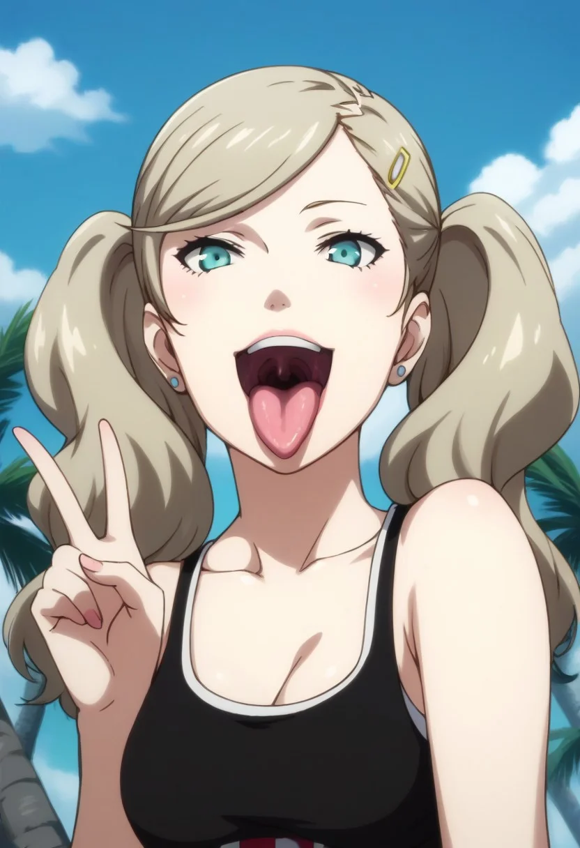score_9, score_8_up, score_7_up, source_anime, takamaki anne, blonde hair, long hair, twintails, swept bangs, hair clip, small circular blue earrings, p5ann-sumcas, tank top, black tank top, red sunglasses, eyewear hang, eyewear removed, pov, peace sign with one hand, seductive smile, grin, upper body, head tilted back, looking at viewer, sticking out tongue, big tongue, bright pink tongue, open mouth, wide open mouth, large mouth, huge mouth, mawshot, round uvula, throat, big throat, oral invitation, vore, imminent vore, upper teeth, breath fog, close-up, perfect anatomy, outdoors, resort, palm trees