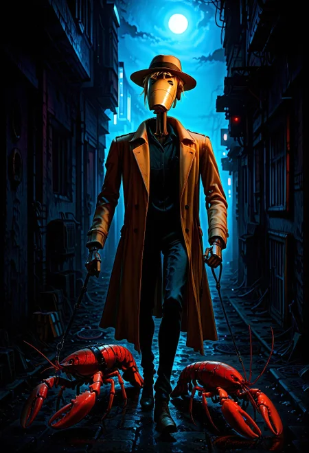 Masterpiece, absurdres, best quality, highly detailed newest, 1boy, solo, b1bd, cl4nker, long blonde hair, droid face, fedora hat, trench coat, pet lobster, holding leash,  leashed lobster, full body, lobster walks by the side, dark alley background, moonlight, detailed background, vivid colors,
