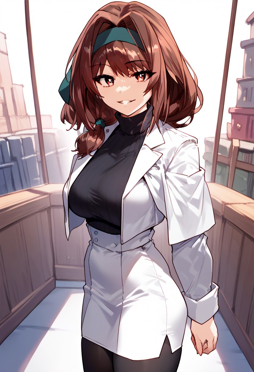 zPDXL3, score_9_up, score_8_up, score_7_up, (Anime_source), 1girl, Anna, reddish eyes, brown hair, long hair, low-tie ponytail, black Turtleneck, white blazer over shoulder, white pencil skirt, pantyhose, cowboy shot looking at viewer, parted lips, smile, from side