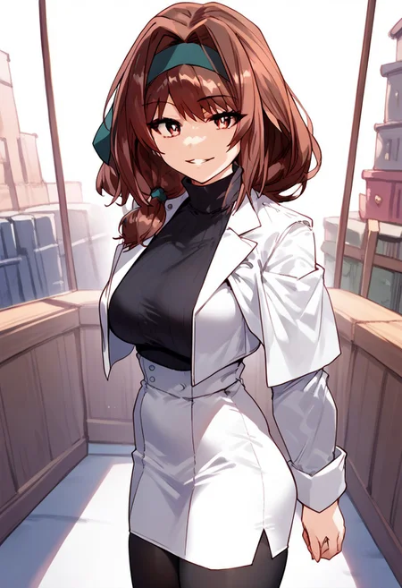 zPDXL3, score_9_up, score_8_up, score_7_up, (Anime_source), 1girl, Anna, reddish eyes, brown hair, long hair, low-tie ponytail, black Turtleneck, white blazer over shoulder, white pencil skirt, pantyhose, cowboy shot looking at viewer, parted lips, smile, from side