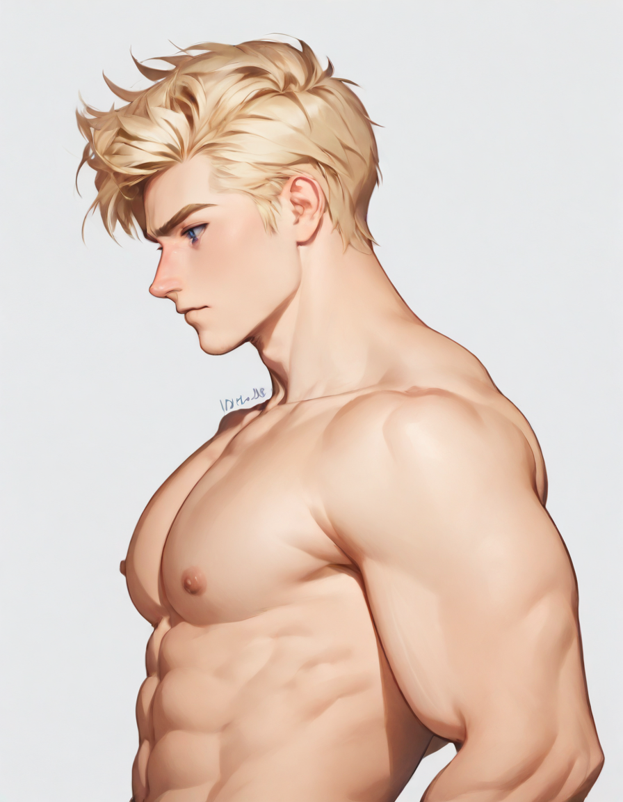 illMaleupBody, solo, short hair, blue eyes, blonde hair, simple background, white background, closed mouth, nipples, upper body, male focus, nude, artist name, from side, muscular, abs, pectorals, muscular male, bara, large pectorals, 1boy
<lora:ILLå¡é2Dç·å­ä¸èº«illMaleupBody:0.8>,