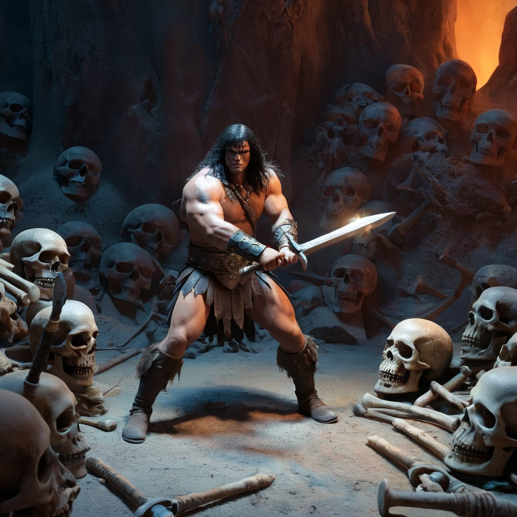 professional 3d model of  <lora:Conan the Barbarian:1.2>  Horror Themed created by Robert E. Howard
Conan the Barbarian a painting of a man with axe and sword surrounded by skeletons, octane render, highly detailed, volumetric, dramatic lighting