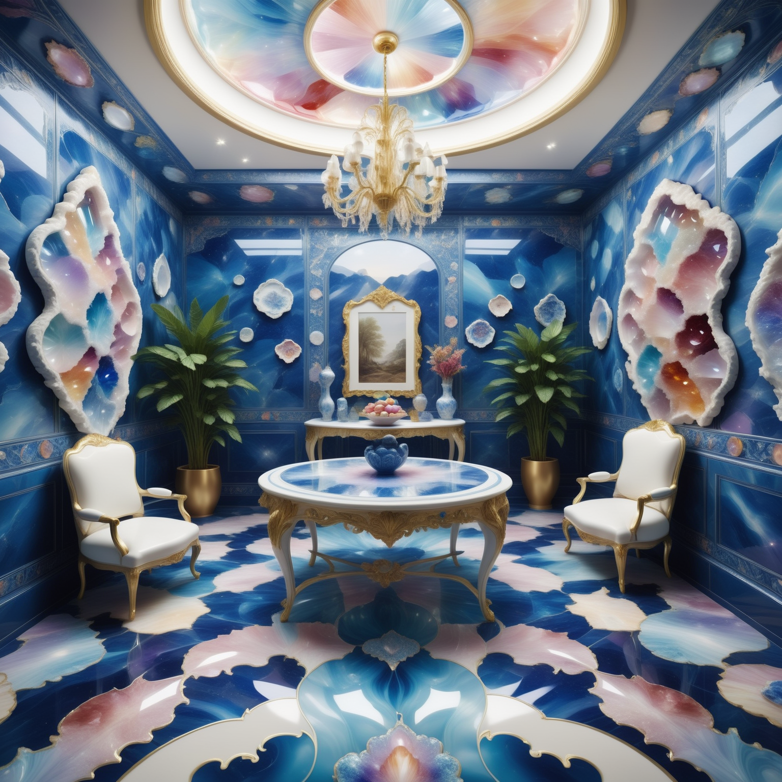 an Interior made out of Bluepatternporcelain decorated with multicoloured auraquartz ,  <lora:BluePatternPorcelainStyle:0.7> <lora:AuraQuartzStyle:0.5>