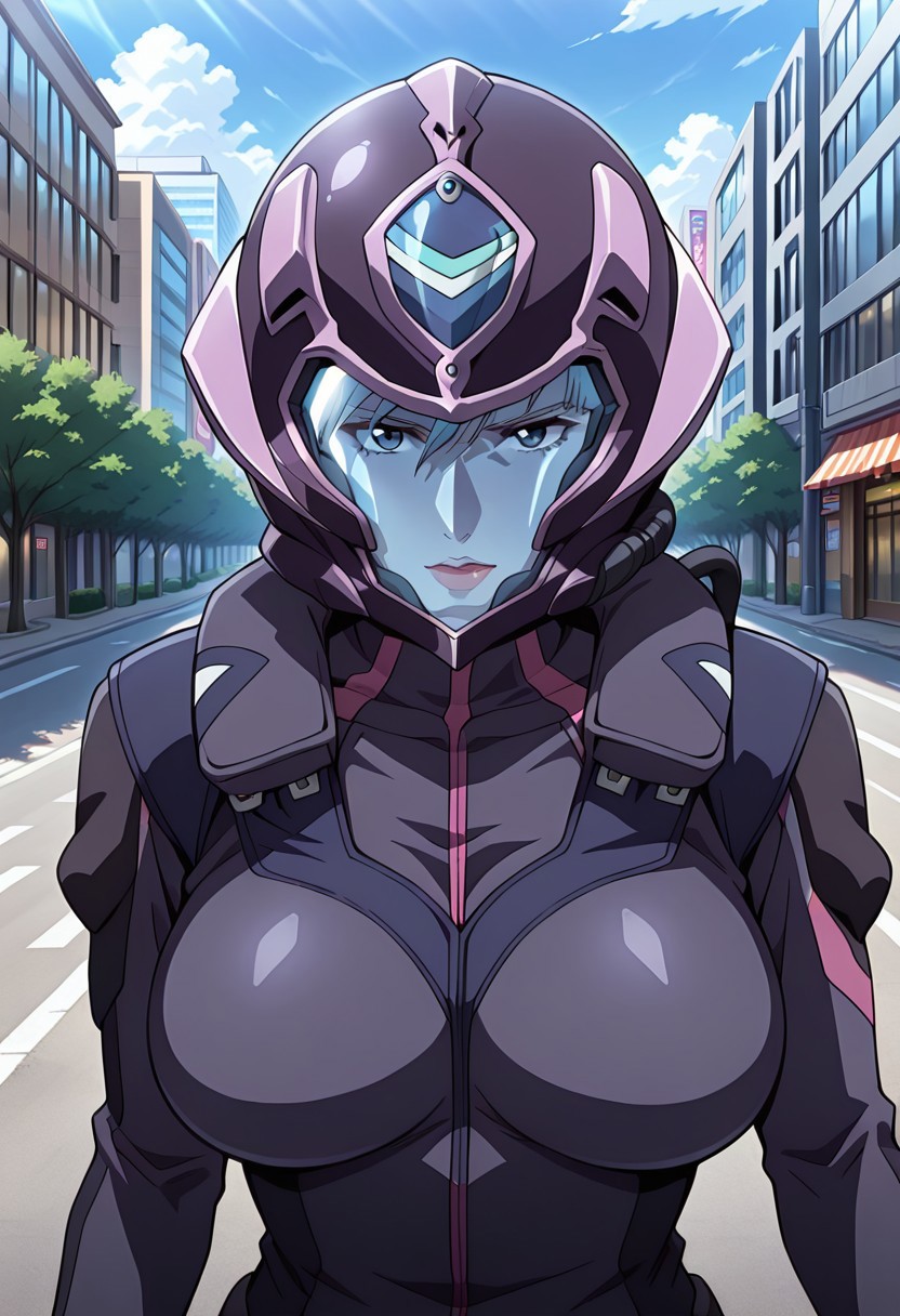 ((masterpiece, absurdres)), best quality, amazing quality, newest, 4k, anime coloring, very aesthetic, ray tracing, Smooth Quality, CG, nora polyansky,1 mature female,  blue color lens pilot helmet, , pilotsuit,upper body,city view, street view,