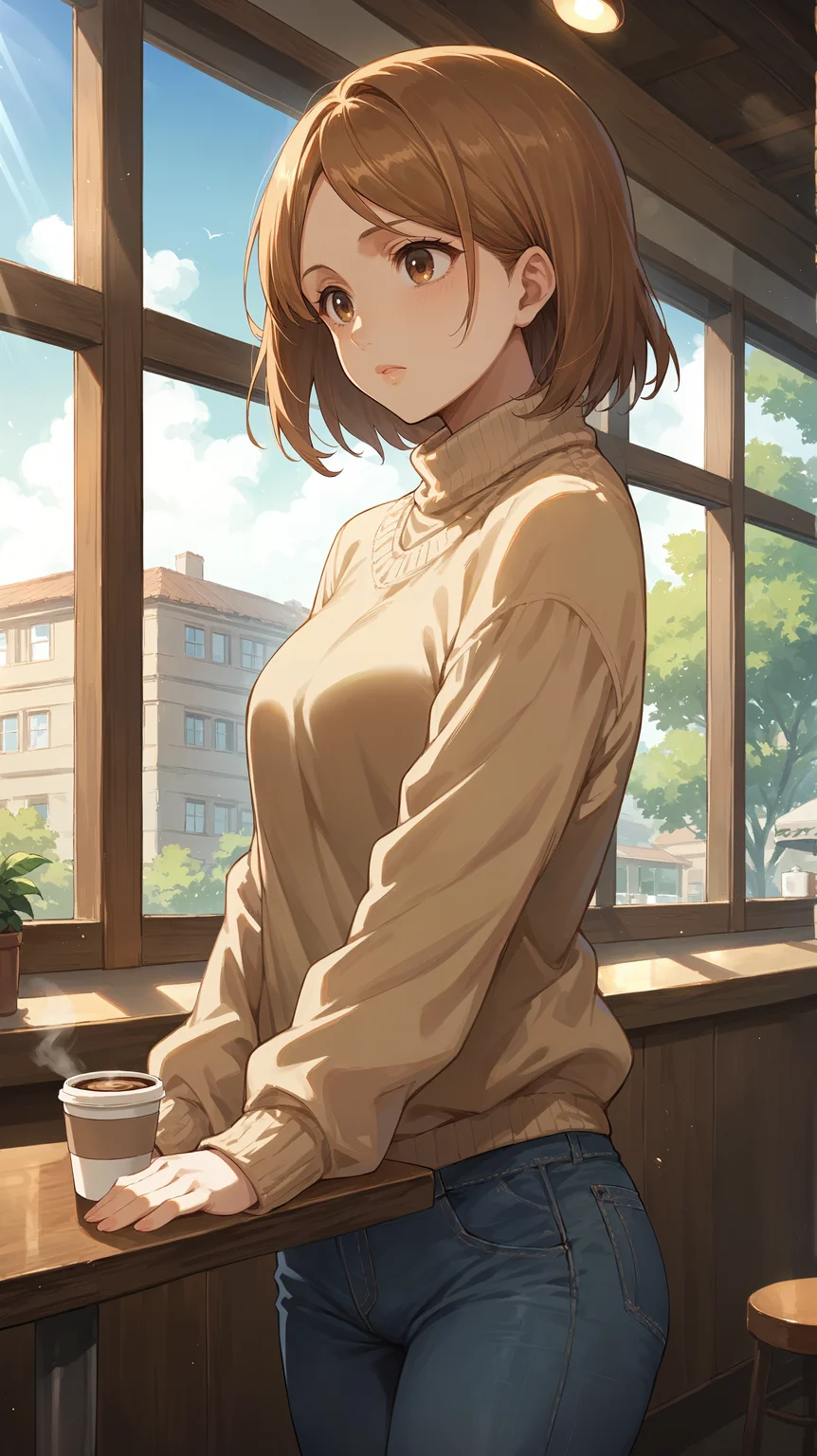 score_9,score_8_up,score_7_up,score_6_up, <lora:xl_more_art-full_v1:0.5>, source_anime, girl, dynamic pose, head down, <lora:Petra Ral - Pony-000004:0.8>, medium hair, brown hair, brown eyes, beige sweater, jeans, cafe, coffee shop, light rays, large window,