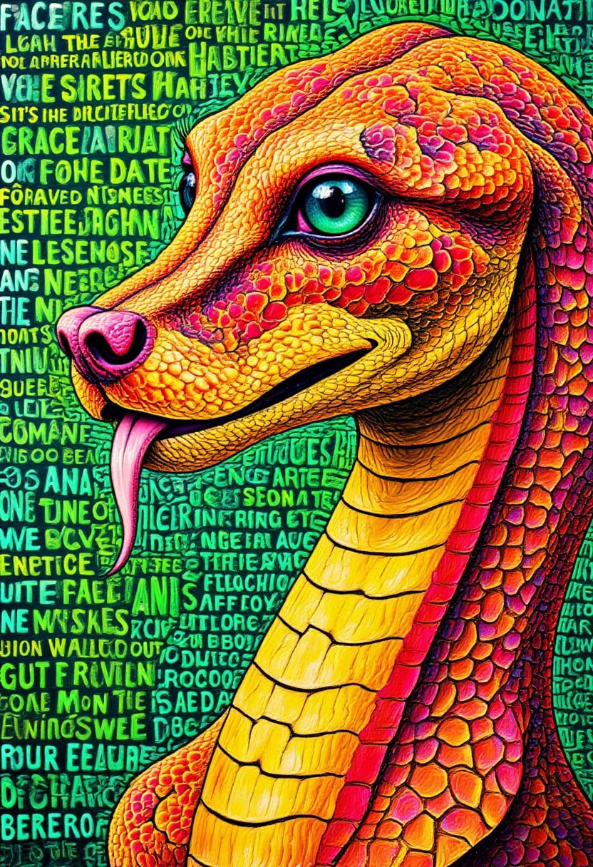 A cute, lively, rebellious, left-wing, literary snake filled with text, DB4RZ style painting
