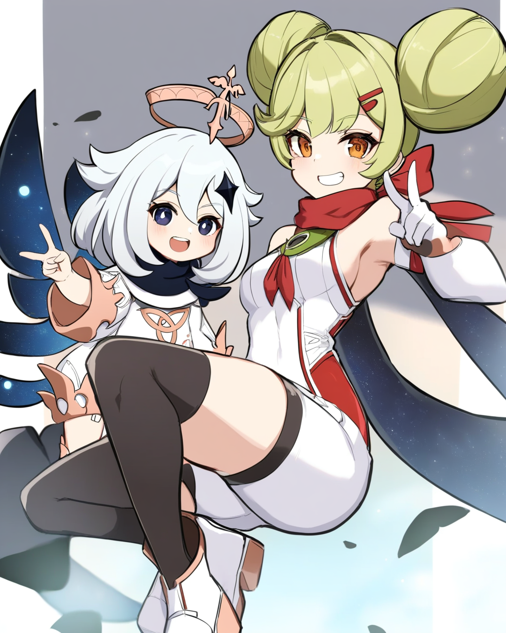 masterpiece,best quality,<lora:honkai_impact_all:1>,2girls, paimon \(genshin impact\), floating, holding finger, grin, teeth, armpits, thighs, tattoo, boots, scarf, thighhighs, v, :d, ai-chan \(honkai impact\), black gloves, black legwear, company connection, crossover, elbow gloves, genshin impact, hairpin, highres, honkai \(series\), honkai impact 3rd, long sleeves, mihoyo, open mouth, romper, see-through dress, short sleeves, white dress, white footwear, white romper