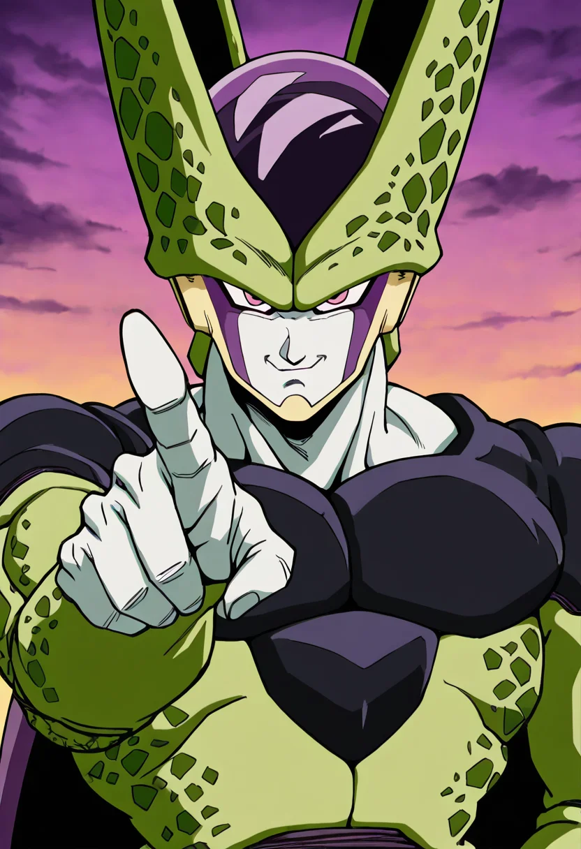 masterpiece, best quality, zzCell, pink eyes, colored skin, green skin, <lora:CellPerfectDB_IXL:1.0>, 1boy, solo, looking at viewer, smug, zzFrieza, upper body, pointing at viewer, ,