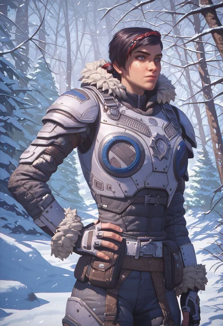 Score_9_up, score_8_up, score_7_up, 1girl, solo, kaitdgow, black hair, short hair, ponytail, freckles, red hair braid, heavy armor, fur trim, fingerless gloves, hand on hip, forest, snow, snowing, Expressiveh