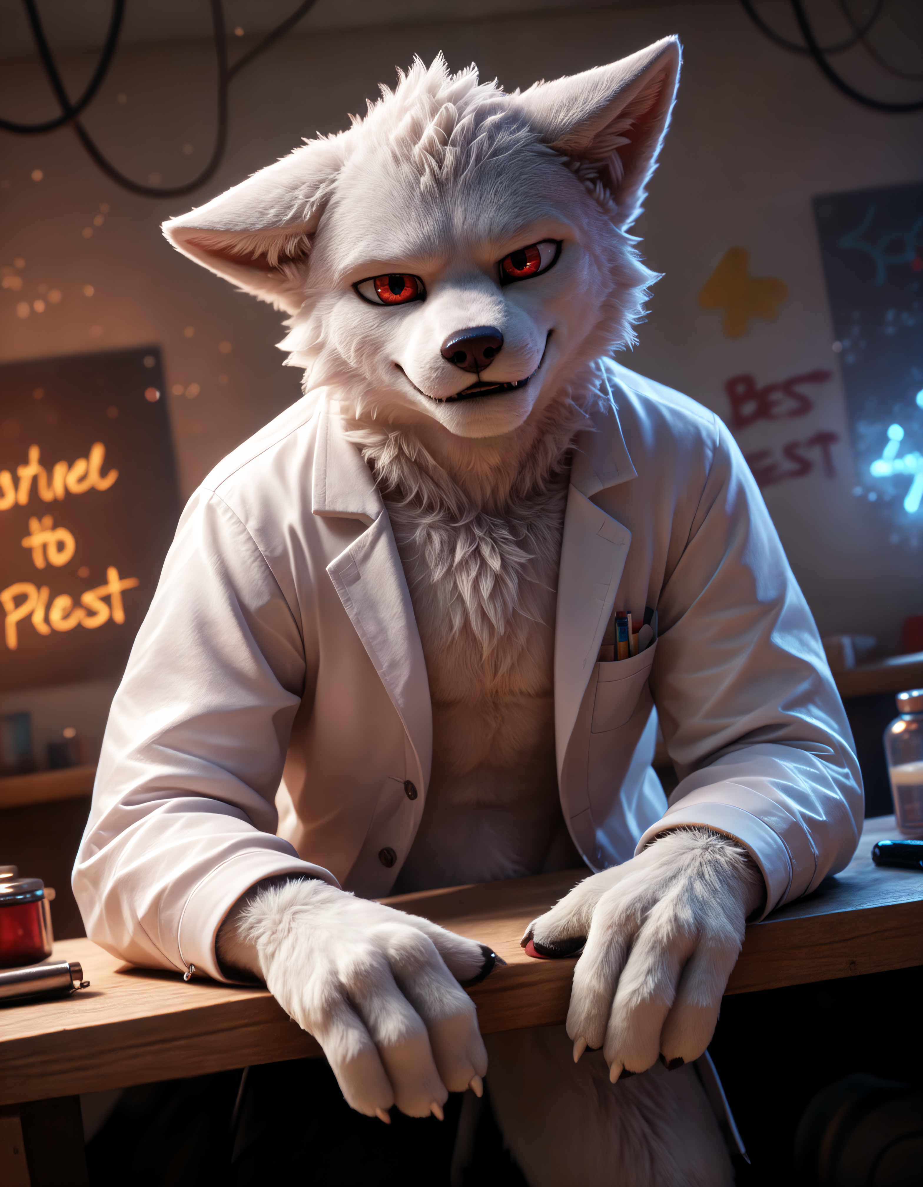 score_9, score_8_up, score_7_up, rating_safe, source_furry, detailed, shadows, ray tracing, cinematic lighting, particles, graffiti, decals, masterpiece, best quality, ultra realistic, 4k, 2k, film photography, RAW photo, photorealistic, analog style, subsurface scattering, photorealism, (best quality, high quality, 8K:1.5),<lora:add-detail-xl:3.0>, <lora:2.5DRealisticV2.safetensors:0.25>, <lora:sinfully_stylish_SDXL.safetensors:1.0>, <lora:AdvancedEnhancerXLv2.safetensors:1.0>, dutch angle, detailed eyes, (detailed background:1.2), (horny, seductive:1.1), <lora:Dr._K_Changed:0.90>, dr_k_changed,  solo, anthro, 1boy, furry male, red eyes, changed (video game), male focus, lab coat, furry, white claws, clothing, coat, white body, jitome, fur, animal ears, white fur, male, long sleeves, doctor, body fur, wolf ears, wolf boy, splayed ears, convenient censoring dutch angle, perspective, handstand , smirk, laboratory, bunker, blue glow, low lighting, test tubes, alarm signal, neon lights, incubator