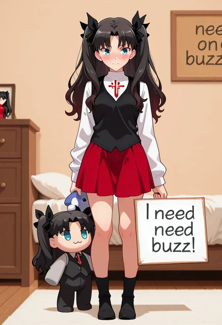 masterpiece, (need_Buzz:0.9), holding sign that says 'need buzz,' Rin Tohsaka, hugging a large plush toy with one arm, affectionate expression, black hair, twin tails, blue eyes, red skirt, white shirt, black vest, long sleeves, full body, cozy bedroom Background,
