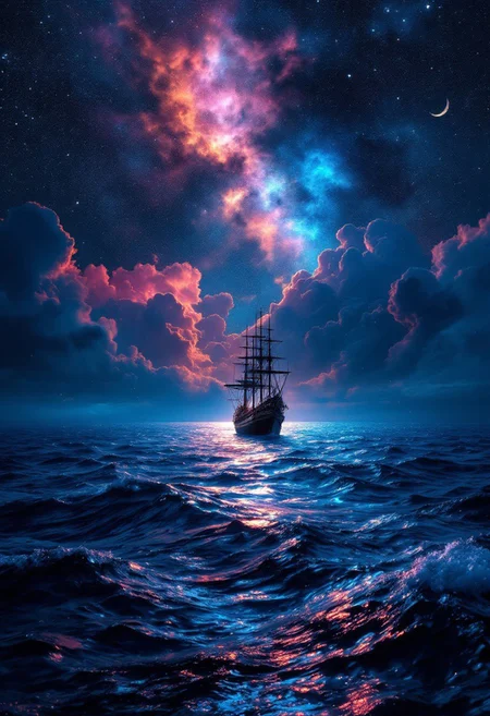 A breathtaking cinematic shot of a celestial seascape, where a lone ship glides across the deep blue ocean. The ancient vessel stands out against the backdrop of a mesmerizing sky, painted with vibrant hues of fiery orange and pink that seamlessly blend with the inky blackness of night. A crescent moon casts a soft glow, illuminating the bioluminescent shimmer of the water. The vast ocean and celestial sky evoke a sense of tranquility, wonder, and awe. The solitary ship adds an air of mystery and adventure, inviting the viewer to embark on a fantastical journey. This conceptual art piece masterfully blends natural beauty with artistic imagination, capturing the magic of the night sky and the allure of the open sea.