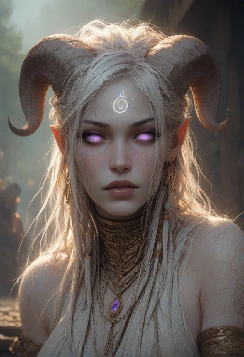 (absurdres, best quality, masterpiece:1.4), score_9, score_8_up, score_7_up, score_6_up, detailed, detailed body, detailed face, world of warcraft, fantasy, <lora:add-detail-xl:1.5>,
fFaceDetail, (female, draenei, h0rns, ram horns, white horns, tall, athletic arms, pale white skin, long white hair, purple eyes, no pupils, no sclera, long white tail, long fingers, purple fingernail polish),
(long loose white dress, white silk scarf, tail under dress, simple armlet, small yellow gem pendant, small yellow gem earrings),
upper body, front view, looking at viewer,
depth of field, outdoors, (fantasy faire, wooden village), (crowds in background, fantasy clothing, human, varied clothing)