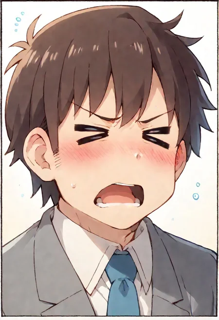 score_9, score_8_up, score_7_up, score_6_up, source_anime (Nichijou\), 2D, anime, official style, anime coloring, (male focus), solo male, Manabu Takasaki, dark brown hair, short hair, white shirt, blue necktie, grey jacket, feet out of frame, handsome, charming, alluring, (portrait, headshot, cowboy shot, close-up:1.3), black border, school office background, bright background, blush, > <, closed eyes, surpeised, open mouth, shock, embarrassed, nervous
