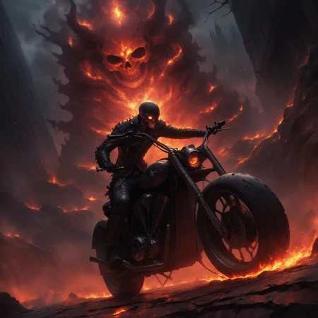 Dark Fantasy Art, Dark Moody Atmosphere, dramatic, mysterious, dark moody atmosphere, dark, moody, dark fantasy style, realistic anime,
BREAK,
Ghost Rider rockets up the skyscraper, his flaming motorcycle scorching a fiery path over glass and steel,
BREAK,
His skull, engulfed in hellfire, casts a sinister, flickering glow, with empty eye sockets seething with vengeful fire,
BREAK,
Flames curl around his skeletal form, his leather jacket and pants seared and frayed, smoldering as he rides,
BREAK, 
sitting on his bike, (((cracked roadway))), cracked road, skull, from side, low angle shot, close up shot, detailed afce, detailed skull, front view, wide angle, burning wheels and bike, chopper motorcycle, chopper, burning engine, leaking lava from cracked road, red sunset, 
detailed bike, 