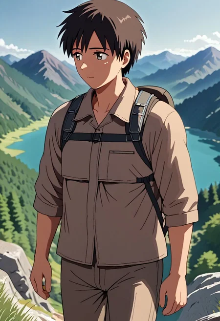 high resolution, solo, best quality, 1Boy, Takaki Toono, Brownish Hair, Brown Eyes, landscape, looking away, high mountain, hiking gear, shallow depth of field, OverallDetail