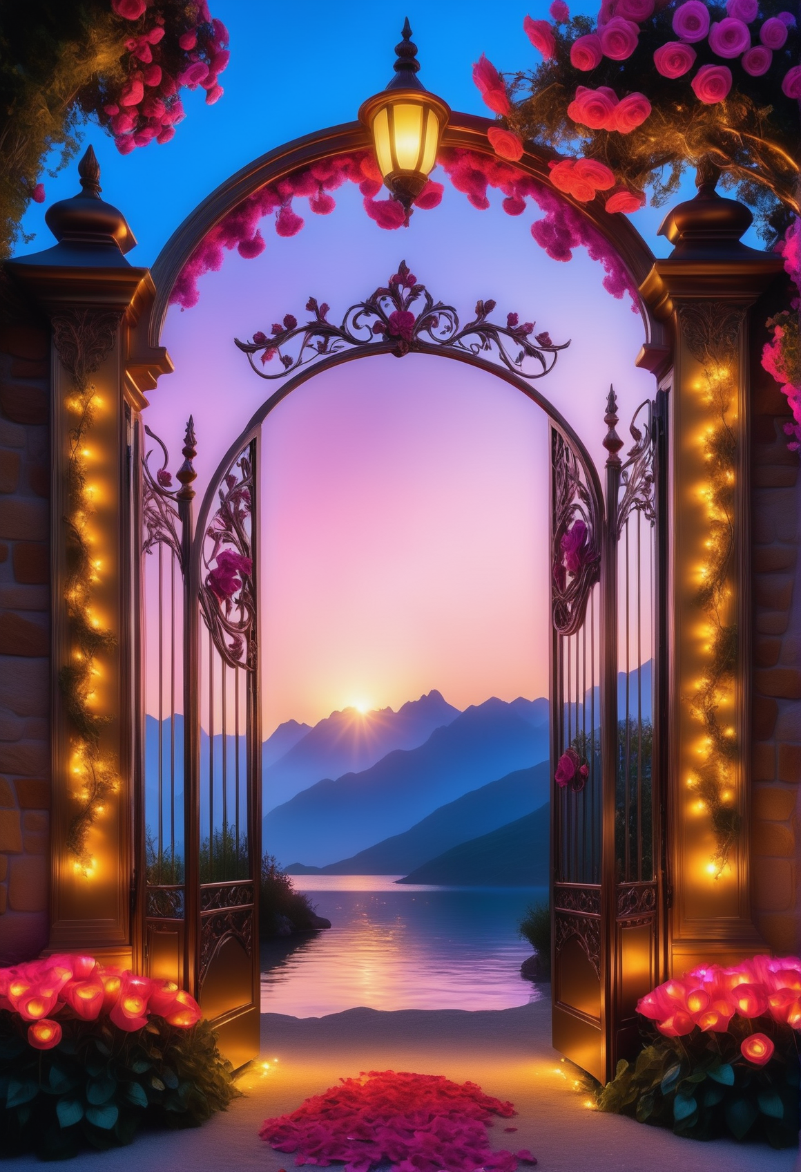 sunrise shines,landscape of a reij-ebsu gate <lora:ebony sunset-000001:1>, empty place, the gate surrounded by flowers is made of pam-flwr <lora:SDXL_FLOWER_STYLE:0.9>, a reij-mg outdoor room, neon light <lora:reij-moderngothic:0.8>, open gate made out of Jed-ANC <lora:ArtNouveauCopperStyle:0.9>, Cosplay Photograph, landscape of a (Luminescent Lagoon:1.3) , it is Baroque, Somali mountains, Foggy conditions, Fae, Nikon d3300, F/8, neon-lit, vivid colors, intricate, luxurious sharp focus, highly color focused, glowing