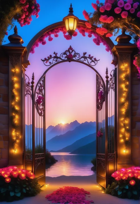 sunrise shines,landscape of a reij-ebsu gate <lora:ebony sunset-000001:1>, empty place, the gate surrounded by flowers is made of pam-flwr <lora:SDXL_FLOWER_STYLE:0.9>, a reij-mg outdoor room, neon light <lora:reij-moderngothic:0.8>, open gate made out of Jed-ANC <lora:ArtNouveauCopperStyle:0.9>, Cosplay Photograph, landscape of a (Luminescent Lagoon:1.3) , it is Baroque, Somali mountains, Foggy conditions, Fae, Nikon d3300, F/8, neon-lit, vivid colors, intricate, luxurious sharp focus, highly color focused, glowing