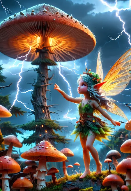 Two micro-fairies like angels with fragile wings dancing in the air under a large mushroom, girls face, ultra high details, thunder and lightning, fireflies in the background, ancient decent, umbra color pallet, sky, trending on artstation, sharp focus, studio photo, intricate details, highly detailed, by greg rutkowski, Miki Asai Macro photography, close-up, hyper detailed, trending on artstation, sharp focus, studio photo, intricate details, highly detailed, by greg rutkowski