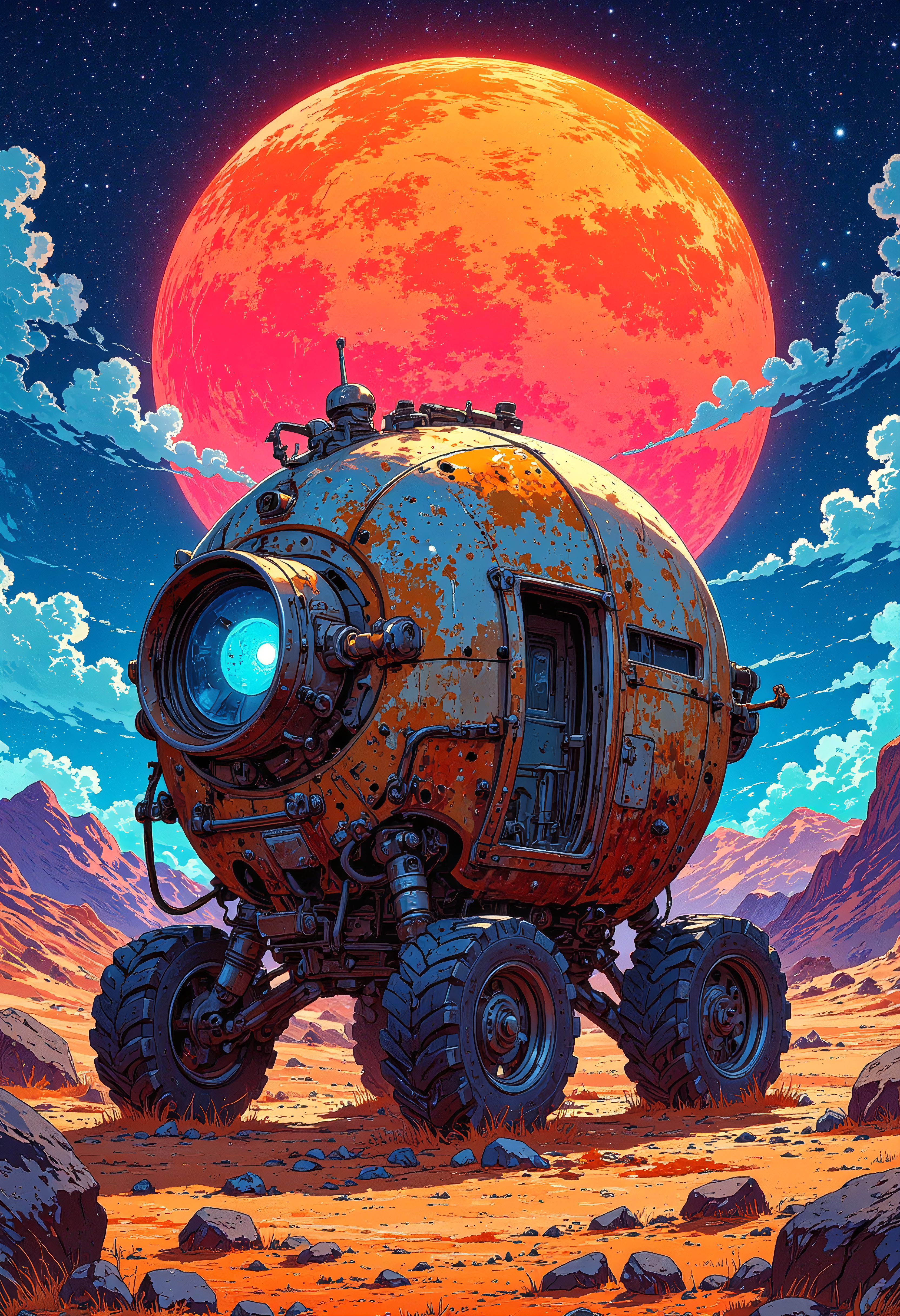 A cute round rusted robot vehicle in a desolate alien planet, a short old android professor beside the vehicle researching for materials, colorful, futuristic, vibrant glow