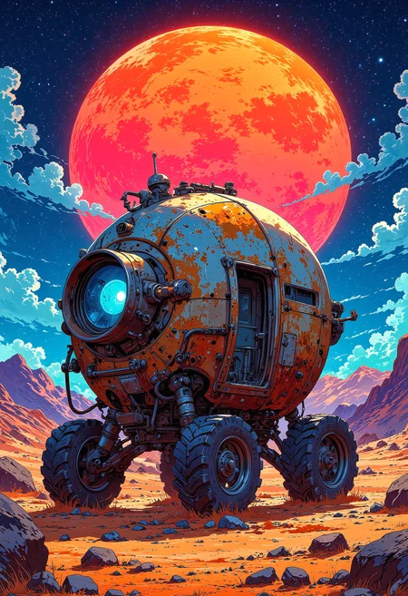 A cute round rusted robot vehicle in a desolate alien planet, a short old android professor beside the vehicle researching for materials, colorful, futuristic, vibrant glow