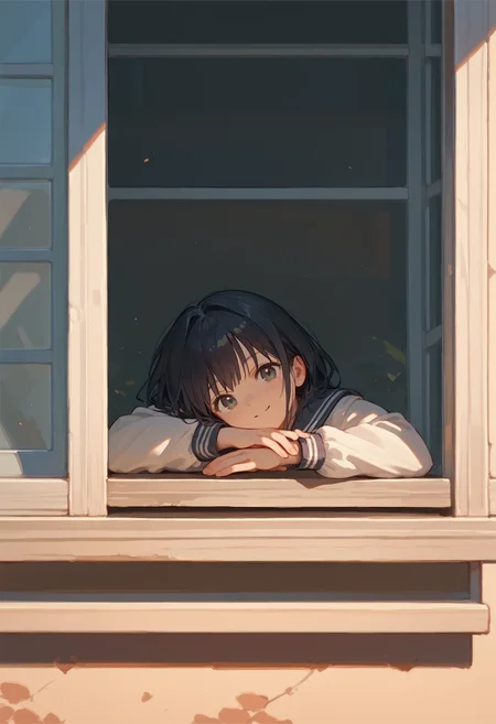 score_9, score_8_up, score_7_up, 1girl, head rest arm rest, serafuku, school uniform, from outside window, looking at viewer, smile
<lora:head_rest_arm_rest_pony_1:1>
<lora:from_outside_window_24re_pony_2_d4:1>
