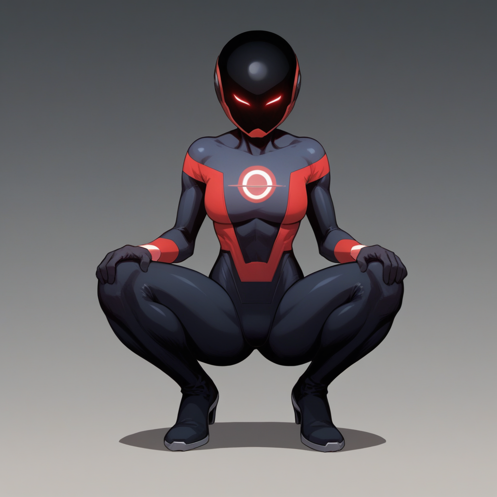 score_8_up, BREAK, RadiantRed, 1girl, solo, helmet,  bodysuit, glowing eyes, superhero,    <lora:Radiant_Red_PXL_Leaf1:1>,  squatting, spread legs, hand on knee,