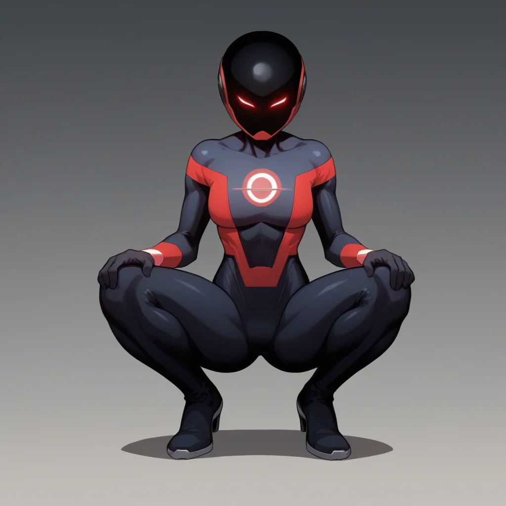score_8_up, BREAK, RadiantRed, 1girl, solo, helmet, bodysuit, glowing eyes, superhero, <lora:Radiant_Red_PXL_Leaf1:1>, squatting, spread legs, hand on knee,