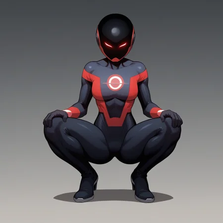 score_8_up, BREAK, RadiantRed, 1girl, solo, helmet, bodysuit, glowing eyes, superhero, <lora:Radiant_Red_PXL_Leaf1:1>, squatting, spread legs, hand on knee,
