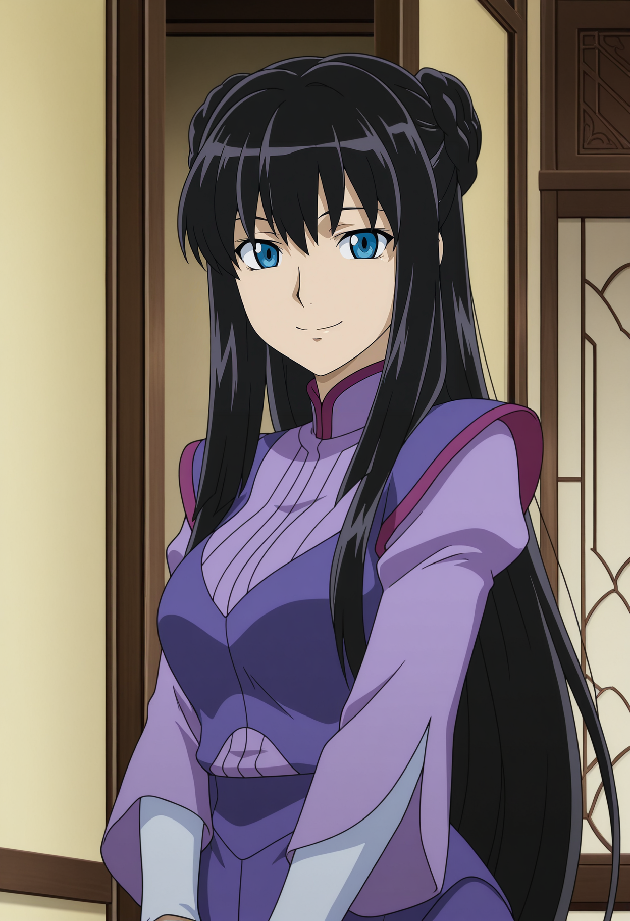 1girl,solo,mm,mature female,long hair,black hair,blue eyes,anime coloring,
braid,hair bun,double bun,purple uniform,purple pants,long sleeves,upper body, looking at viewer, smile,indoors
,masterpiece,best quality,amazing quality,<lora:Marina_Ismail-Gundam_00_Season1:0.8>