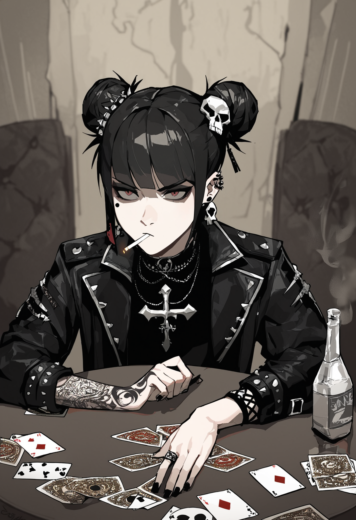 score_9, score_8_up, score_7_up,
1girl, bangs,black hair, blunt bangs, hair bun, double bun, tattoo,piercing, ring, ear piercing, black nails, skull hair ornament, cross earrings, gothic,
white satin blouse, jacket on shoulders, smoking, frowns,
front view, from above, dark, hotel room, table, cards, ashtray, vodka bottle,
<lora:Gogalking_-_style:0.8>, gogalking,