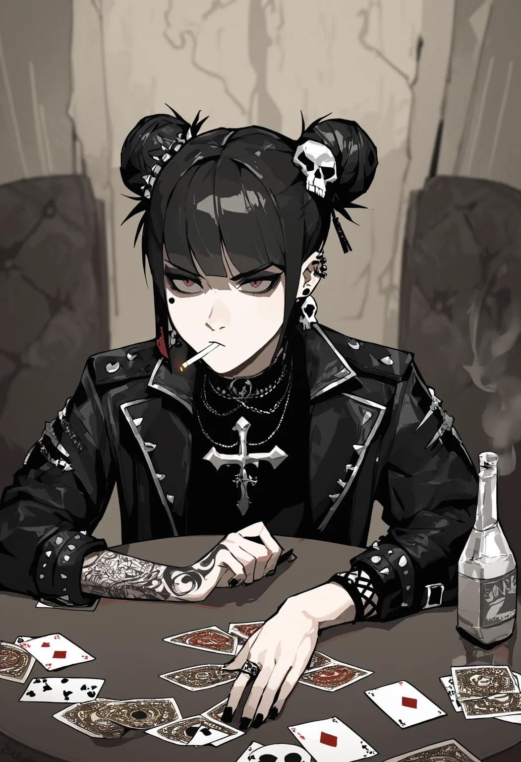 score_9, score_8_up, score_7_up,
1girl, bangs,black hair, blunt bangs, hair bun, double bun, tattoo,piercing, ring, ear piercing, black nails, skull hair ornament, cross earrings, gothic,
white satin blouse, jacket on shoulders, smoking, frowns,
front view, from above, dark, hotel room, table, cards, ashtray, vodka bottle,
<lora:Gogalking_-_style:0.8>, gogalking,
