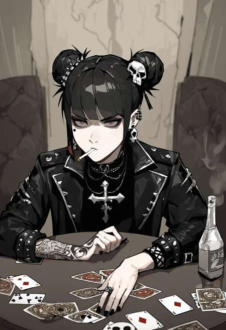 score_9, score_8_up, score_7_up,
1girl, bangs,black hair, blunt bangs, hair bun, double bun, tattoo,piercing, ring, ear piercing, black nails, skull hair ornament, cross earrings, gothic,
white satin blouse, jacket on shoulders, smoking, frowns,
front view, from above, dark, hotel room, table, cards, ashtray, vodka bottle,
<lora:Gogalking_-_style:0.8>, gogalking,