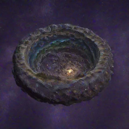 lumenarium, (ring world):2, at the fantasy space with purple nebulas, lumenar:3 at the mid, (earth planet landscape on inner surface of the ring world):2, (yellow shiny crystal at the mid):3, outer surface of the ring world covered by very small crystals, realistic, forests, seas, rivers on inner surface of the ring