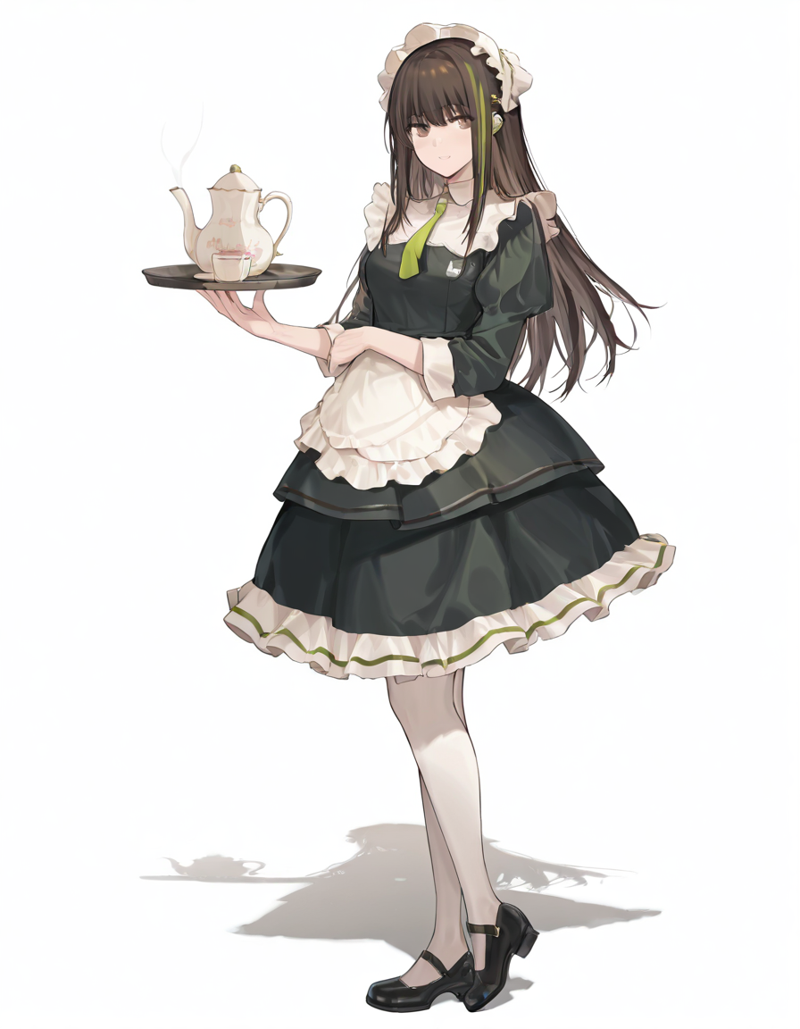 Volumetric Lighting, (masterpiece), (best quality), (ultra-detailed), masterpiece, source_anime, score_9, score_8_up, score_7_up BREAK, illustration, disheveled hair, detailed eyes, perfect composition, moist skin, intricate details BREAK, M4A1, long hair, black hair, streaked hair, green hair, golden eyes BREAK, M4cafe, cfe_pantyhose, white pantyhose, cfe_necktie, cfe_headdress, cfe_apron, cfe_maid_dress, black footwear BREAK, ((white background)), smile,holding,tray, teapot, holding tray, tea set,standing,shadow