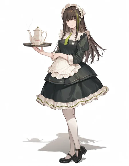 Volumetric Lighting, (masterpiece), (best quality), (ultra-detailed), masterpiece, source_anime, score_9, score_8_up, score_7_up BREAK, illustration, disheveled hair, detailed eyes, perfect composition, moist skin, intricate details BREAK, M4A1, long hair, black hair, streaked hair, green hair, golden eyes BREAK, M4cafe, cfe_pantyhose, white pantyhose, cfe_necktie, cfe_headdress, cfe_apron, cfe_maid_dress, black footwear BREAK, ((white background)), smile,holding,tray, teapot, holding tray, tea set,standing,shadow