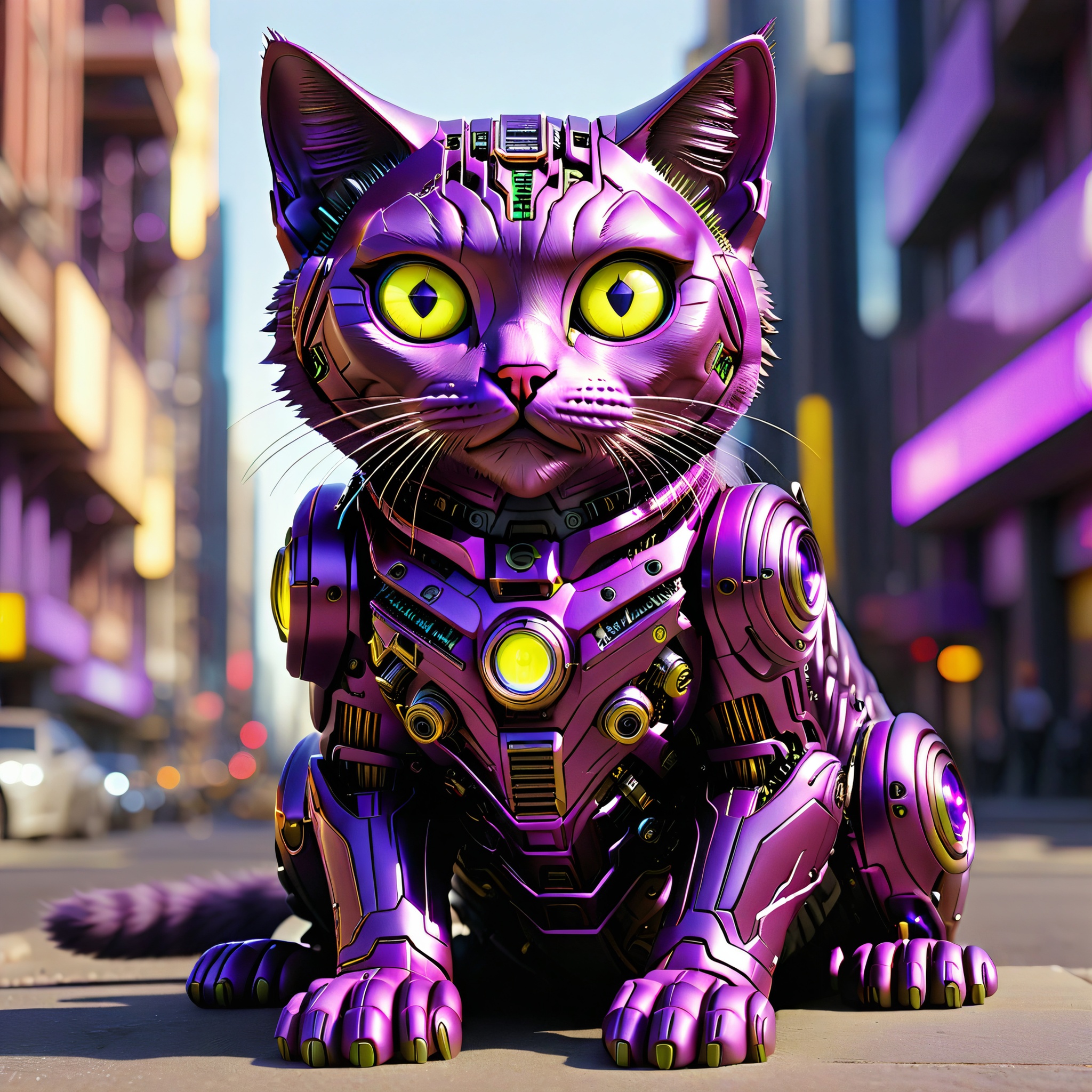sitting hybrid full bio-mechanical cat with purple metallic fur and yelloq glowing camera eyes in the streets of a futuristic mega city on the mars
