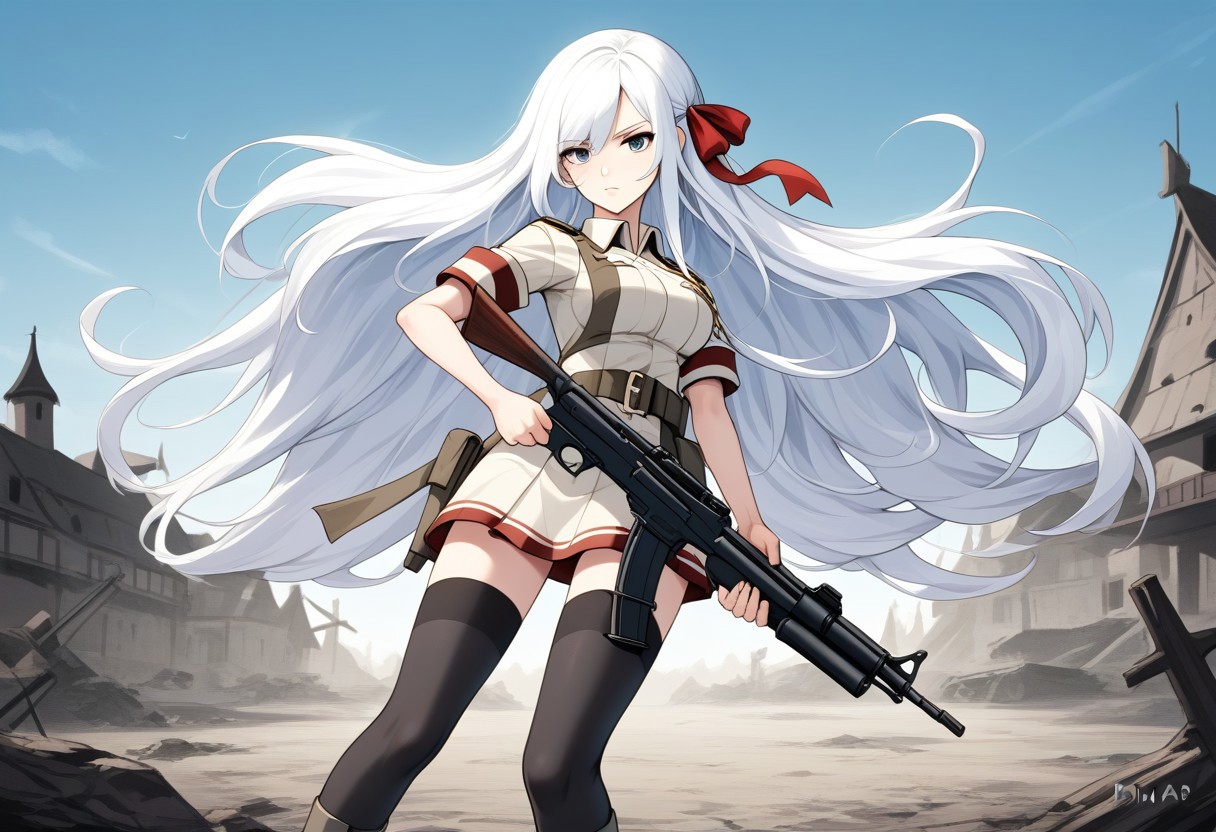 Standard army set, with camuplage,long flowing white hair that reached down to her hips ,hair tip ribbon,black thighhighs which add touch elegence,she standing with on legs slightly bent , battle skirt,thighhighs,(two arm position holding one assault riffle:1.4), weapon ,deserted town, cleavege ,gun shooting pose