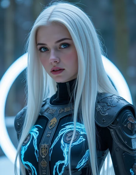 hyperrealistic, photo, masterpiece, stunning, best quality,
20-year-old Nordic cyber goddess with flawless pale skin, mesmerizing deep blue eyes that pierce through everything. Her long silver hair shimmers starlight, flowing down her back. Her body is adorned with intricate cybernetic enhancements, including sleek metallic arms of precision alloys and liquid metal that shifts with fluidity. She wears a futuristic armor, embossed with ancient Nordic symbols, glowing with radiant lights that represent both divine power and cutting-edge technology.
perfect lighting, professional, high contrast, bright colors, intricate details, (high quality texture), (sharp), (artistic image), 8K, highly detailed, fantasy, vivid, rich details,