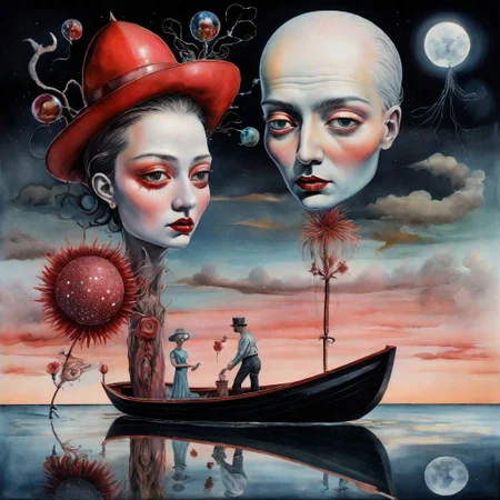 watercolor of a  lowbrow art style, surreal summerscape sunset,with   Pepita  a red dada and a dede hat, holding a large dada that shields  fairytale landscape, hyperrealism, micro-details, surreal, detailing, transparent watercolor+ink, pastel shades, clear outline, stardust, incredible beautiful landscape, dark botanical,dark fantasy,multicolor,multilayer, 3d, threads, fibers, engraving, color illustration, star map, moon, volumetric, unusual fluffy flowers"couple with a  man, a bright white face, and women dark black face with red eyes looking straight at you in a boat More surrealism and madness.much more surrealism and crazy designs. With gold and cardinal red surreal Salvador Dali clouds coming out of her head.more surrealism and bizarre designs with bright vibrant colours.