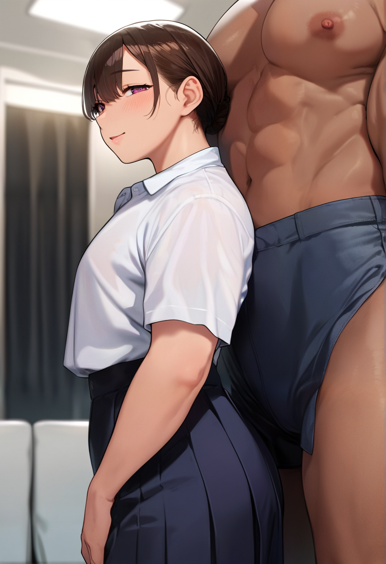 (score_5_up)(score_6_up)
(source_anime)


(detailed background of indoor with simple interior:1)
(hotel interior with wall and furniture)
 
(perfect anatomy)


(girly private costumes of shirt skirt)

(1girl)
(faceless muscular 1guy with cropped by height difference:1.5)

(standing:1)

(1girl solo focus:1)

