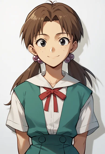score_9, score_8_up, score_7_up, score_6_up, score_5_up, score_4_up, BREAK, source_anime,
1girl, hikarihoraki, brown hair, twintails, freckles, hair bobbles, long hair, black eyes,
ribbon, short sleeves, suspender skirt, tokyo-3 middle school uniform,
hands behind back, smile, upper body, looking at viewer, solo, simple background, white background <lora:HikariHorakiXL:1>